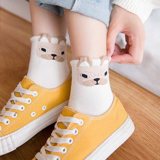 3D Pomeranian Women's Mid-Calf Socks - Preppy Style Student Socks, Autumn & Winter Sweat-Absorbent Cotton Cute Cartoon Socks