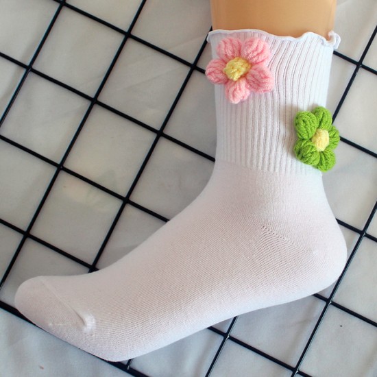 Handmade Flower Socks for Women - Rolled Cuff Knitted Flower Socks, Warm Mid-Calf Socks for Autumn & Winter, Korean Trendy