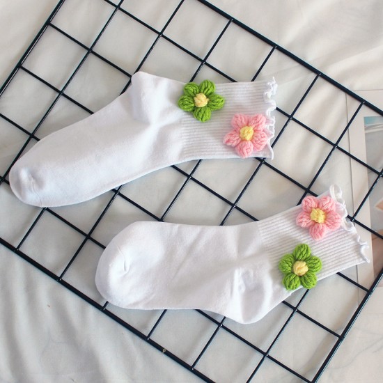 Handmade Flower Socks for Women - Rolled Cuff Knitted Flower Socks, Warm Mid-Calf Socks for Autumn & Winter, Korean Trendy