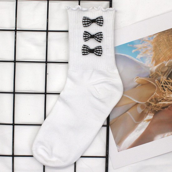 New Lolita socks, women's cute Japanese soft girl princess socks, lace mid-calf socks, black and white bow women's socks