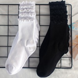 Ruffled Women's Socks - Sweet Student Mid-Calf Cotton Socks, High-Elastic Cuff Sports Socks, Warm Socks for Autumn & Winter