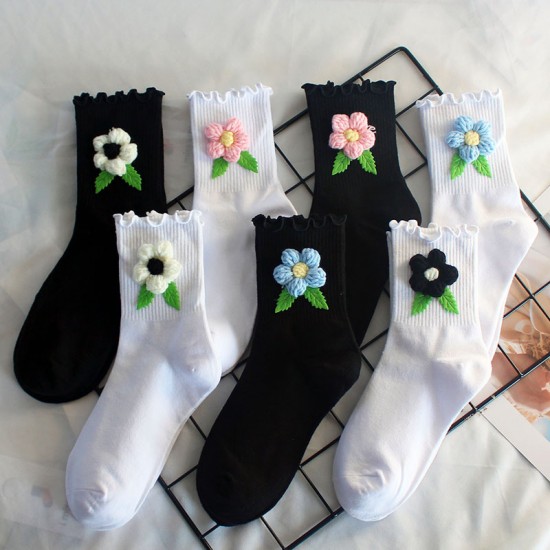 New Knitted Flower Socks for Women - Autumn & Winter Casual Cotton Socks, Ruffled Mid-Calf Socks, Korean Fashion