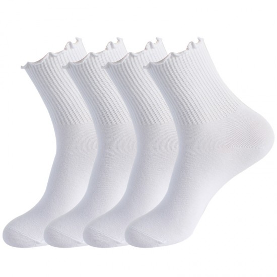Ruffled Women's Socks - Cute Frilled Ankle Socks, Solid Color Mid-Calf Cotton Socks with Ruffled Edges for Autumn & Winter
