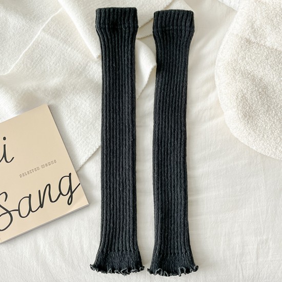 Lace-trimmed warm leg warmers for women, calf slouch socks, knitted wool foot warmers, 45cm long when laid flat.