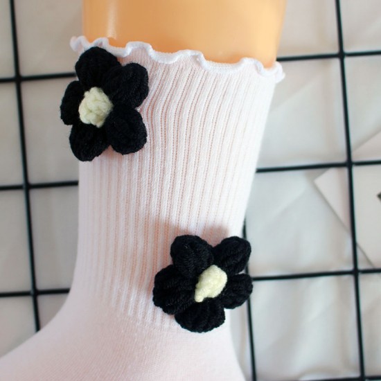 Handmade Knitted Flower Socks for Women - Ins Trendy Ruffled Rolled Cuff Socks, Japanese-Style Mid-Calf Sports Socks