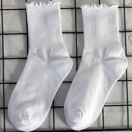 Ruffled Women's Socks - Sweet Student Mid-Calf Cotton Socks, High-Elastic Cuff Sports Socks, Warm Socks for Autumn & Winter