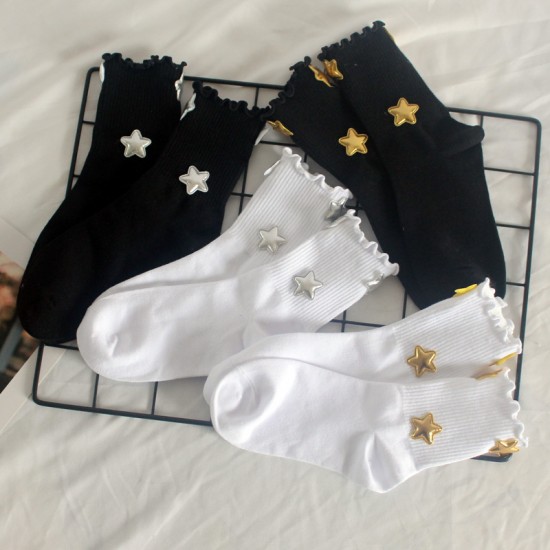 Star-Print Solid Color Women's Mid-Calf Socks - Korean-Style Ruffled Sweet Socks, All-Season Cotton Socks for Students & Sports