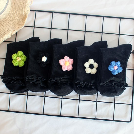 Korean style trendy wool flower socks for women, handmade flower socks with ruffled edges, sweet and three-dimensional flower mid-calf socks, Instagram socks.
