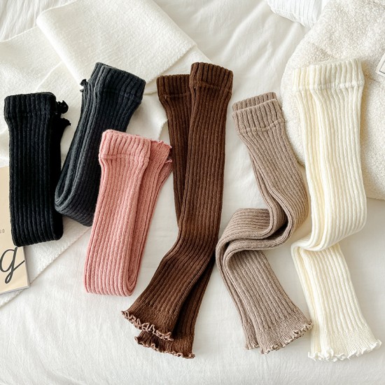 Lace-trimmed warm leg warmers for women, calf slouch socks, knitted wool foot warmers, 45cm long when laid flat.