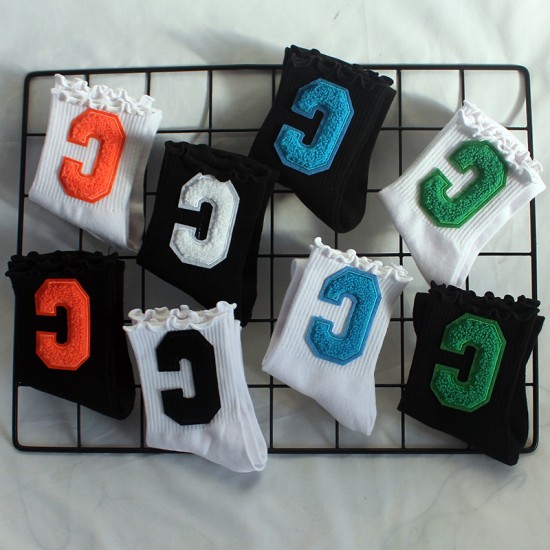 New ruffled lace women's socks, plush large C socks, women's high elastic student sports mid-calf socks, sweat-absorbent cotton socks, trendy