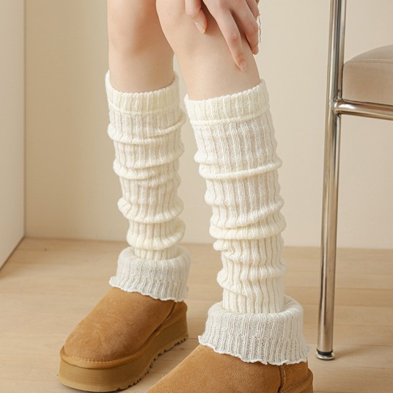 Lace-trimmed warm leg warmers for women, calf slouch socks, knitted wool foot warmers, 45cm long when laid flat.