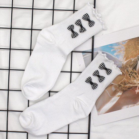 New Lolita socks, women's cute Japanese soft girl princess socks, lace mid-calf socks, black and white bow women's socks