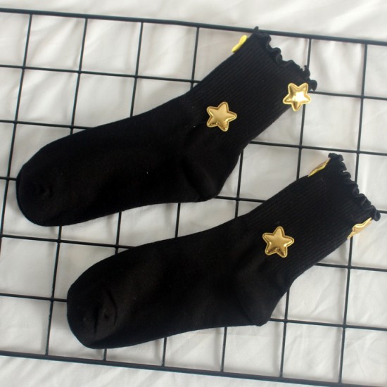 Star-Print Solid Color Women's Mid-Calf Socks - Korean-Style Ruffled Sweet Socks, All-Season Cotton Socks for Students & Sports