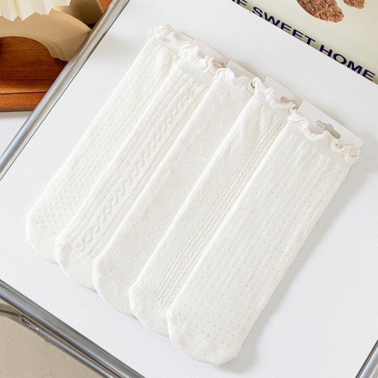 Summer New Women's Ruffled Socks - Thin Mesh Solid Color Frilled Socks, Sweet Princess White Socks