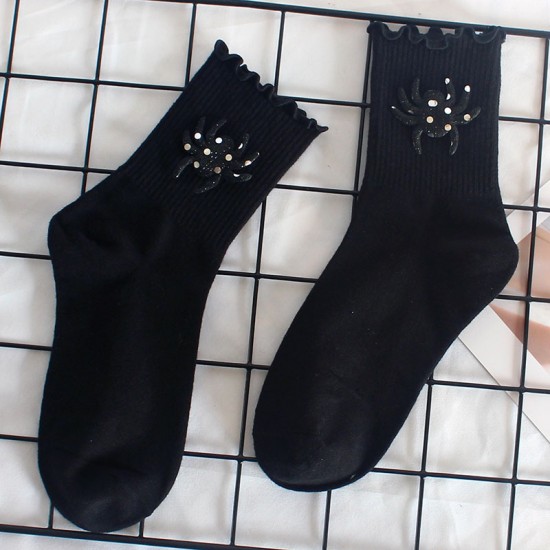 Funny Pattern Socks for Women - Scary Spider Socks, Ruffled Breathable Cotton Socks, New Autumn & Winter Style for Students