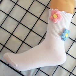 Handmade Flower Socks for Women - Rolled Cuff Knitted Flower Socks, Warm Mid-Calf Socks for Autumn & Winter, Korean Trendy