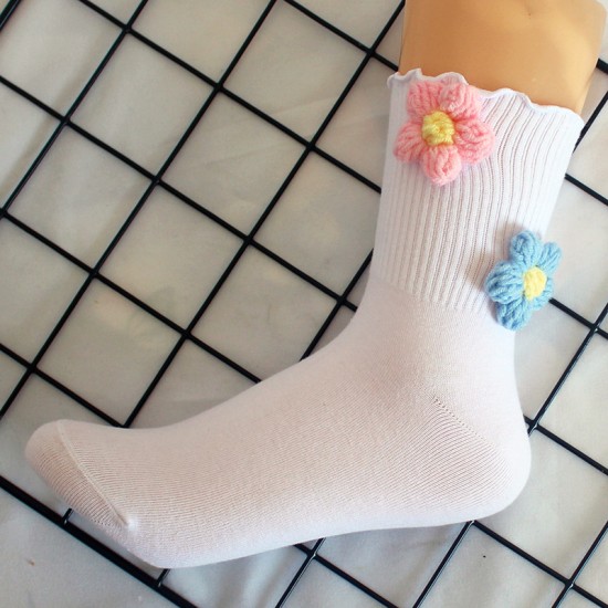 Handmade Flower Socks for Women - Rolled Cuff Knitted Flower Socks, Warm Mid-Calf Socks for Autumn & Winter, Korean Trendy
