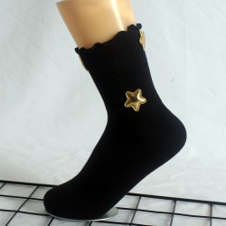 Star-Print Solid Color Women's Mid-Calf Socks - Korean-Style Ruffled Sweet Socks, All-Season Cotton Socks for Students & Sports
