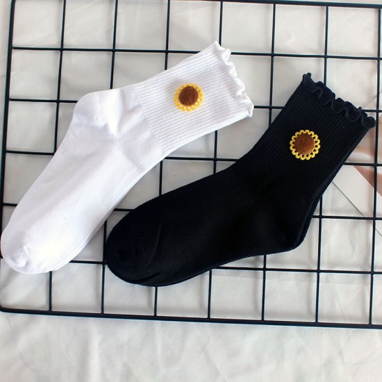 Sunflower Ruffled Women's Socks - New Autumn & Winter Mid-Calf Socks, Sweat-Absorbent Cotton Socks for Students & Running