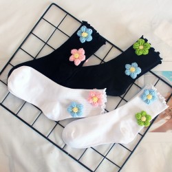 Handmade Flower Socks for Women - Rolled Cuff Knitted Flower Socks, Warm Mid-Calf Socks for Autumn & Winter, Korean Trendy