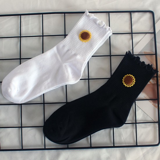 Sunflower Ruffled Women's Socks - New Autumn & Winter Mid-Calf Socks, Sweat-Absorbent Cotton Socks for Students & Running