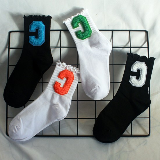 New ruffled lace women's socks, plush large C socks, women's high elastic student sports mid-calf socks, sweat-absorbent cotton socks, trendy