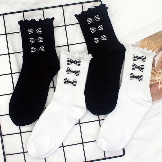 New Lolita socks, women's cute Japanese soft girl princess socks, lace mid-calf socks, black and white bow women's socks